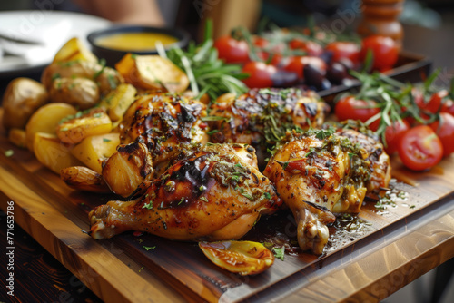 Board with roasted chicken seasoned with herbs