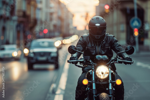 Motorcyclist riding through city streets © kossovskiy