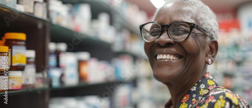 A senior woman attentively choosing medicine from a pharmacy shelf, showcasing careful decision-making in health management. photo