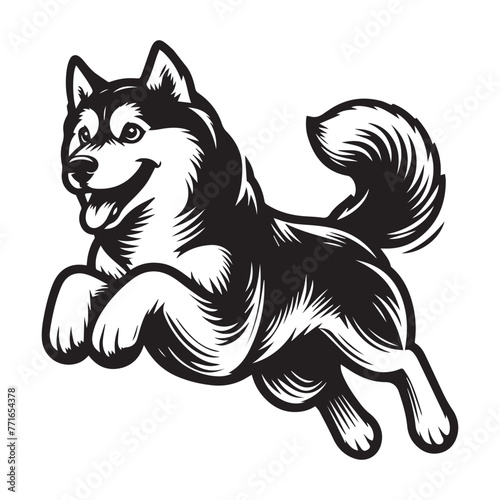 Dynamic Husky Jumping Silhouettes, Siberian husky dog vector silhouette Husky Power II Mascot, Husky dog poses. Cartoon running