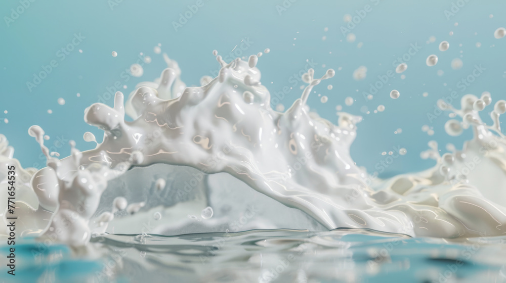 Milk splashes dynamically against a blue background, creating a crown-like shape and droplets in the air.