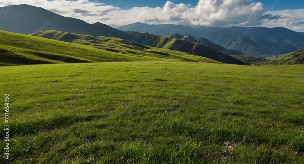 landscape in the summer, green mountain, clouds on mountains, clouds on green grass, beautiful view