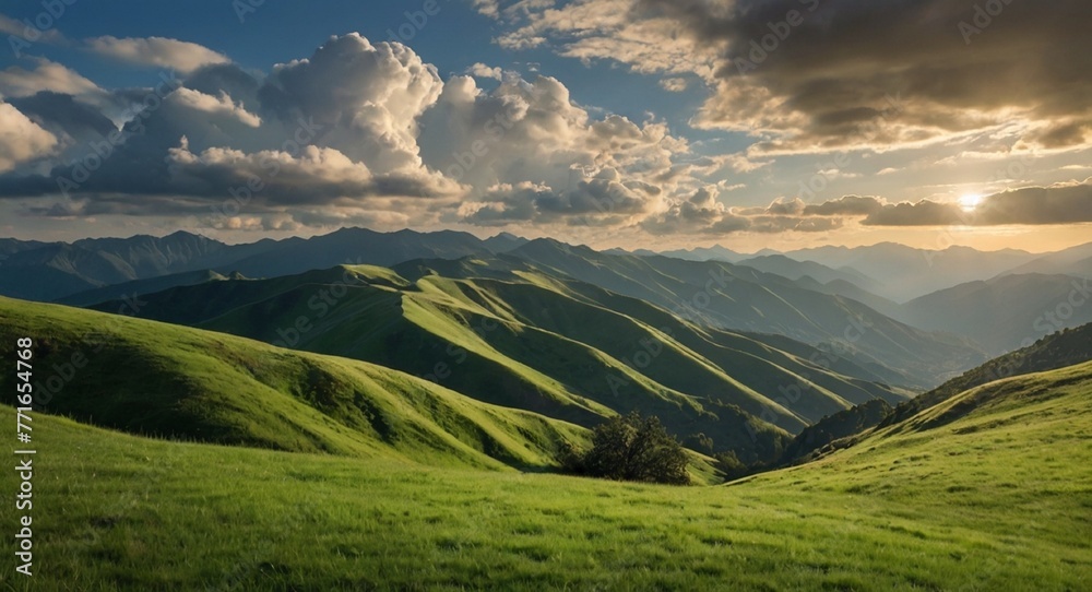 landscape in the summer, green mountain, clouds on mountains, clouds on green grass, beautiful view