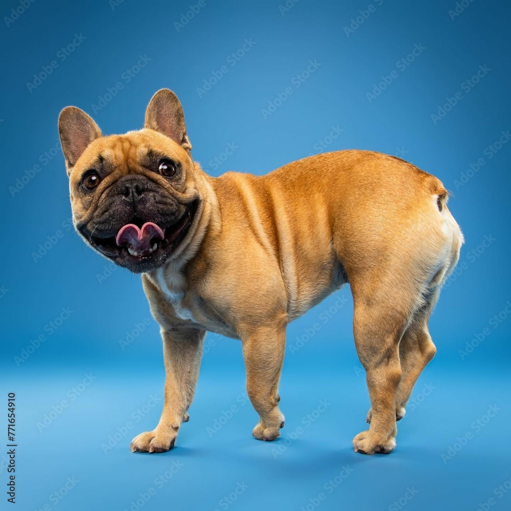 Beautiful french bulldog dog isolated on blue background. looking at camera . front view. dog studio portrait.happy dog .dog isolated .puppy isolated .puppy closeup face,indoors.blue background .