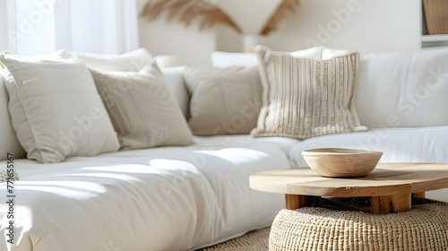 Close up of round rustic wood coffee table near white fabric sofa with different pillows. Boho, farmhouse home interior design of modern living room.