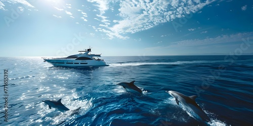 Yacht guests excitedly watch dolphins swim alongside the boat as the captain announces a stop. Concept Travel, Yachting, Wildlife, Ocean Adventure, Luxury Experience photo