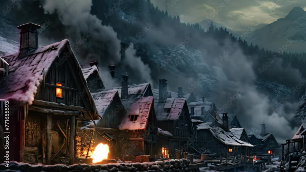 Fantasy image of a small village in the mountains at night, AI Generated Fantasy image of a small village in the mountains at night, AI Generated