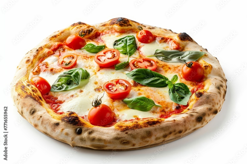 Classic Margherita pizza with melted mozzarella, tomatoes and basil, isolated on white