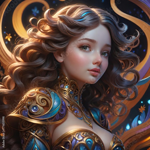 Ethereal Beauty: Golden Armor Amidst Mystical Glowing Orbs and Swirls
