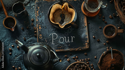 "Pour" in smooth flowing chalk script on a chalkboard displayed over a pour-over coffee setup with a kettle and a dripper