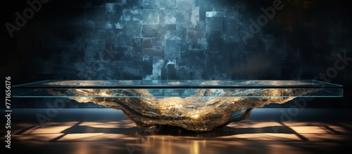 A glass table rests on a wood floor in a dimly lit room, creating a contrast between the transparent surface and the dark surroundings