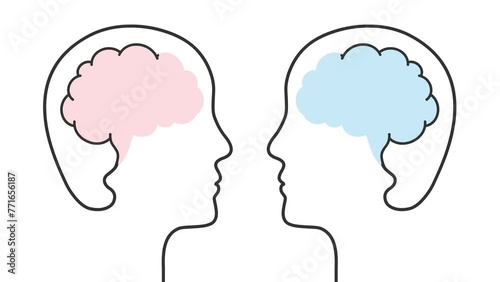 Comparison of a healthy and unhealthy or happy vs unhappy state of mind concept. Animation with self drawing line, head, face, brain and heart symbol.
