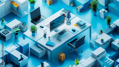 Dynamic 3D isometric workspace illustrating the essence of flexibility in modern business adaptable and fluid