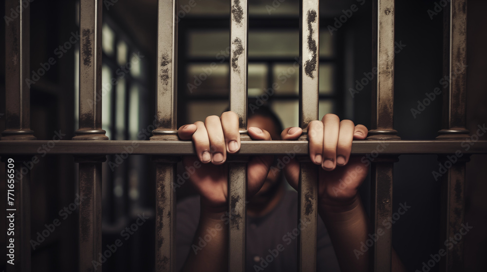 Close up of hands gripping iron bar in jail. - obrazy, fototapety, plakaty 