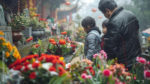 the scenic landscapes of cemeteries adorned with flowers and burning incense during Ching Ming festival photo