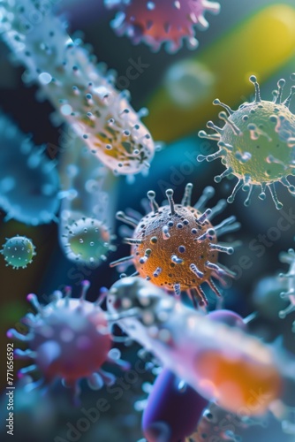 Viruses and bacteria seen under a microscope, magnified view in transparent liquid solution. © Ilia