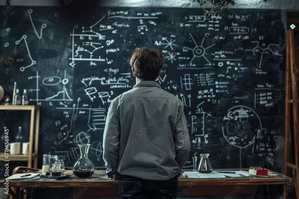 Scientist seen from behind, standing in front of a huge blackboard with mathematical formulas written on it.