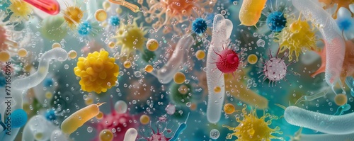 Viruses and bacteria seen under a microscope, magnified view in transparent liquid solution. photo