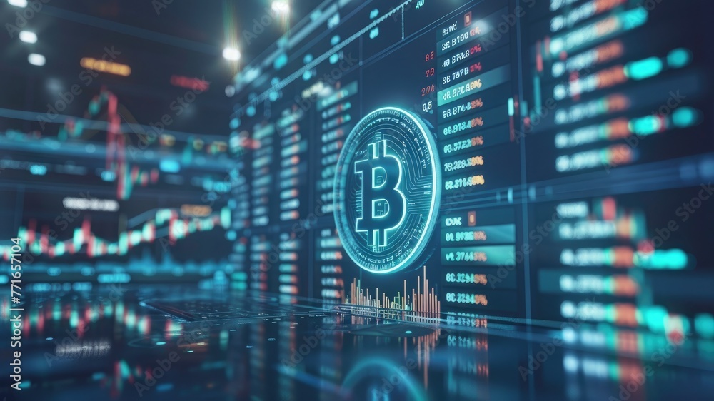 Holographic Bitcoin amid trading room. Virtual money meets equality concept Holographic Bitcoin amid trading room. Virtual money meets equality concept