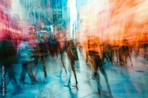 Busy crowded public place with blurred motion of people passing by, abstract digital art