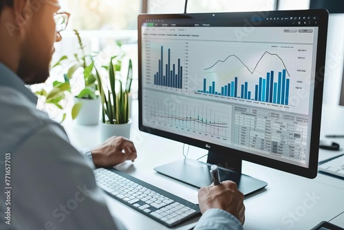 Businessman analyzing financial data and growth sales graph on virtual screen, digital marketing illustration