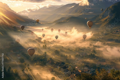 Top view of green landscape and mountain valleys and colorful hot air balloons flying in the sky