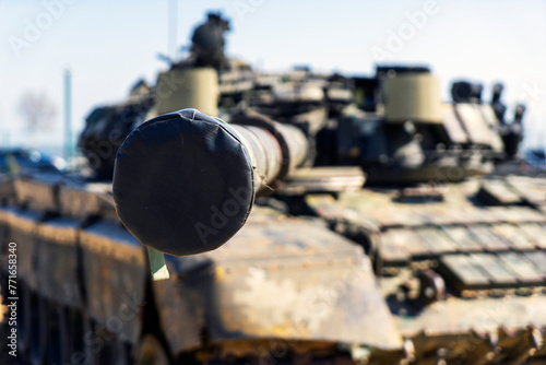 Battlefield tanks and technology. military technology. Wide image for banners, advertisements. The muzzle of the tank in close-up.