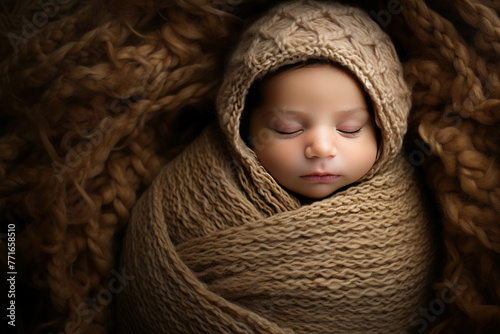 Newborn baby infant sleeping swaddled in fabric on brown fur.
