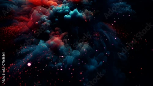 Close up and slow motion of red and blue color inks splashing and interacting in water and spread though the whole frame on a black background photo