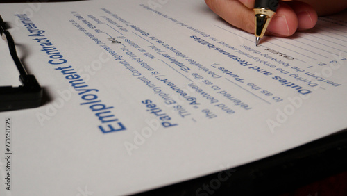 8 photo hispanic male hand filling out writing employment contract form