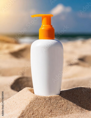 Mockup spf protection lotion bottle on sand on the summer beach, sunscreen skin care