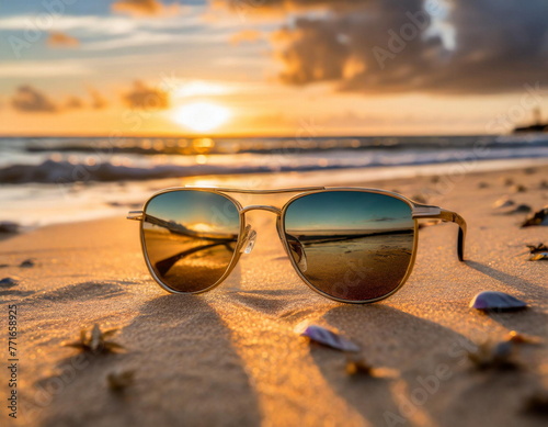 Sunglasses on sand on the beash, hot summer vacation time