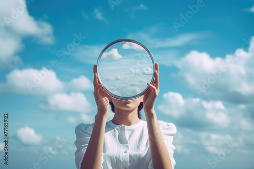 A mesmerizing moment captured as a woman stands beneath the open sky, holding a round mirror