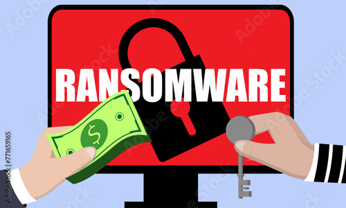 Computer ransomware concept, handing over cash to unlock system