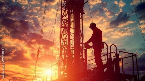 Silhouetted oil worker on drilling rig at sunset. Industrial silhouette with copy space.