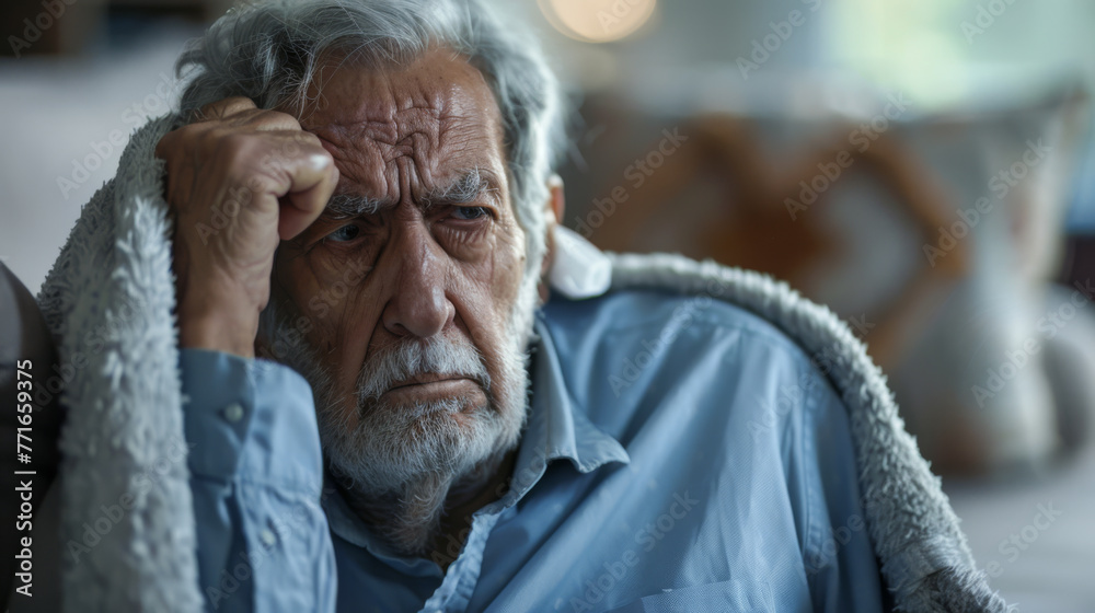 An elder gentleman is holding a tissue to his head, appearing to be in discomfort while sitting on a couch.