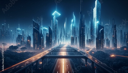 City of Tomorrow: Futuristic Metropolis with Illuminated Highway