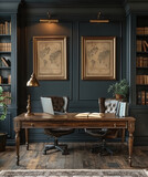 Elegant vintage home office with dark walls, wooden desk, classic bookshelves, and world map frames.