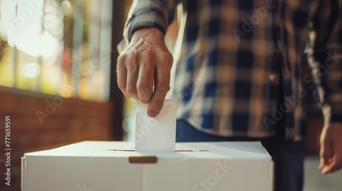 Individual casting a vote at ballot box. Selective focus photography for political engagement and election theme with copy space © Andrey