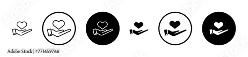 Hand holding heart vector icon set. save and care life line icon. giving love pictogram. give solidarity two hands icon. charity or donation sign suitable for apps and websites UI designs. photo