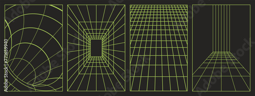 Geometry green mesh background in green color. 3D abstract posters, patterns, cyberpunk elements in a fashionable psychedelic rave style. Retro-futuristic aesthetics of the 00s 2000s.
