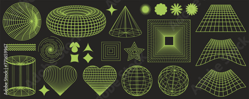 Rave psychedelic retro futuristic set. Surreal geometric shapes, abstract backgrounds and patterns, wireframe, cyberpunk elements and perspective grids. Vector elements and signs in trendy psychedelic