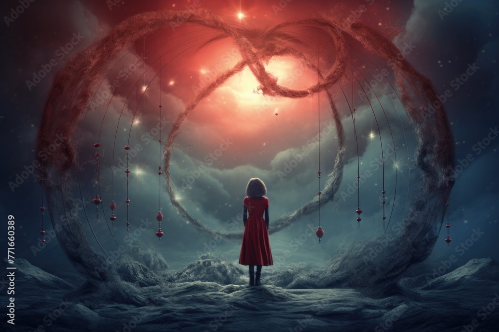 Fototapeta premium Child Looking at Cosmic Swirls and Floating Lanterns in a Mystical Sky