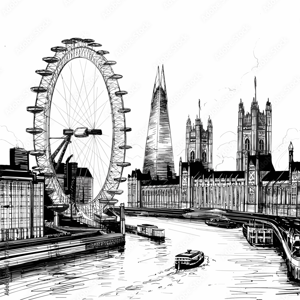 London city sketch with black ink on paper vector illustration ...