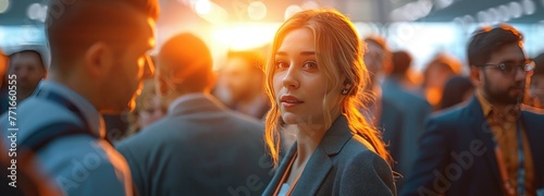 Professional in a Crowd, professional woman stands out among a busy crowd of business people with a reflective gaze