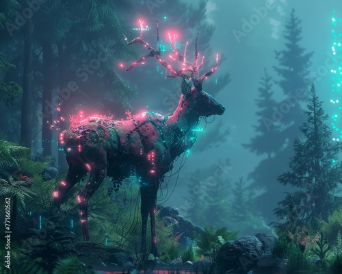 Digital Forest Dwellers A vibrant portrayal of a forest where the animals are part cybernetic their neon elements blending seamlessly with the natural environment photo