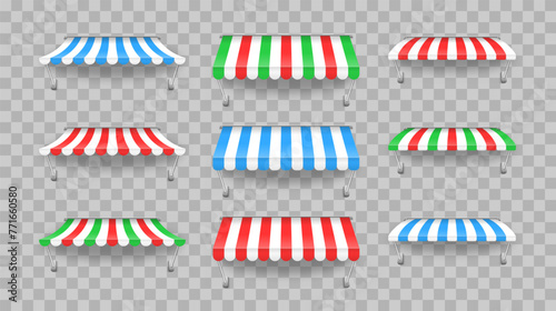 Awning umbrella for the market, striped summer scallop for shop vector illustration. Sunshade for restaurant. Outdoor striped awning canopy for cafe and shop window of different forms