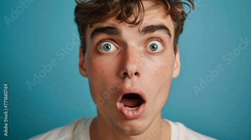 Shocked young man with wide eyes and open mouth. Studio portrait against a blue background. Human expressions and emotions concept.