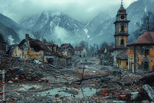 The Stark Contrast of Destruction and Serene Mountains photo