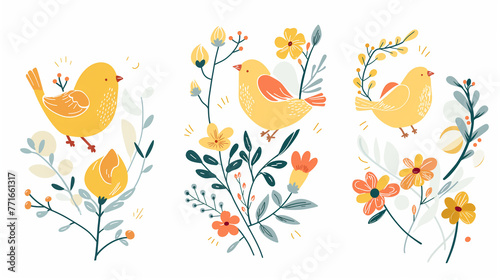 P  ssaro amarelo e flores da primavera - Ilustra    o fofa